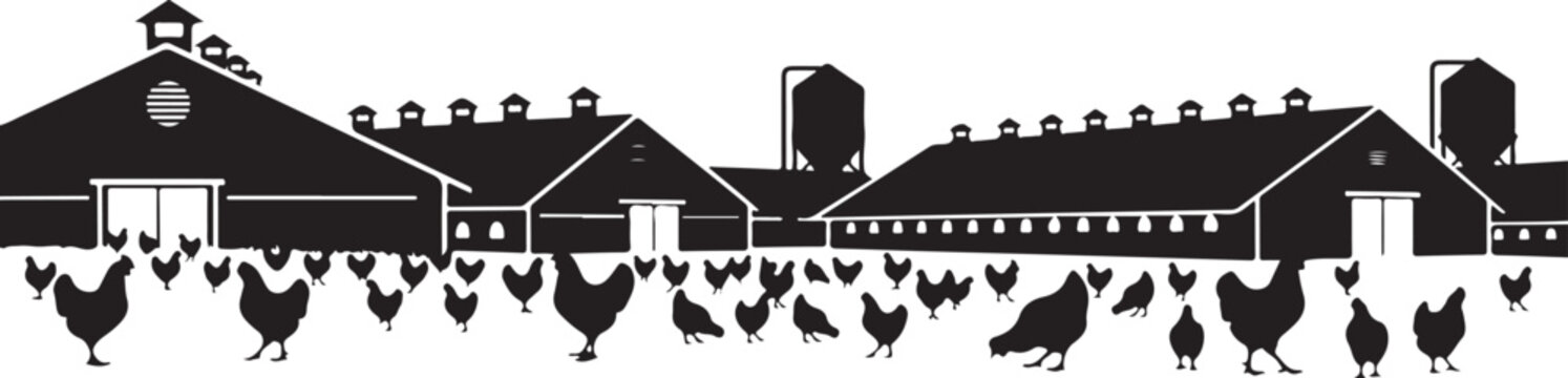 Black and white farm scene with barns and chickens silhouette