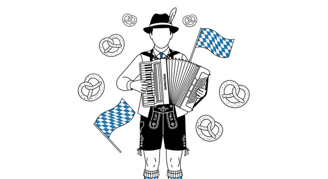 Illustration of a man in traditional Bavarian clothing playing an accordion.