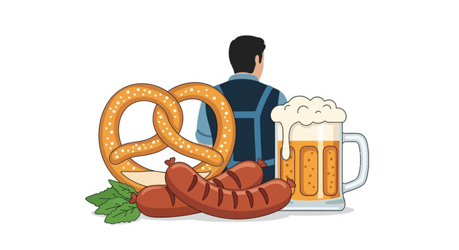 A festive illustration featuring a traditional Bavarian man with a pretzel sausage and beer.