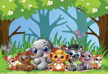 Fototapeta premium Cute Baby Jungle Animals Sitting in Forest Clearing