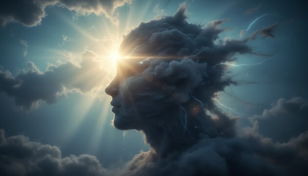 Dramatic human face, cloudy silhouette with sun rays, serene and contemplative atmosphere, symbolizing hope and inspiration for advertising, editorial, and social media