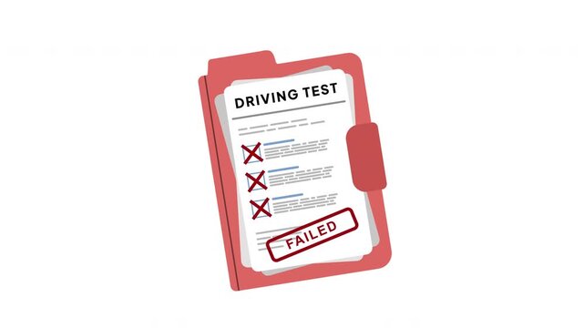Driving Test Failed : Animation of a Driving Test Document Sheet with Failed Stamp Effect for License Examination, Driver Assessment and Road Safety Evaluation