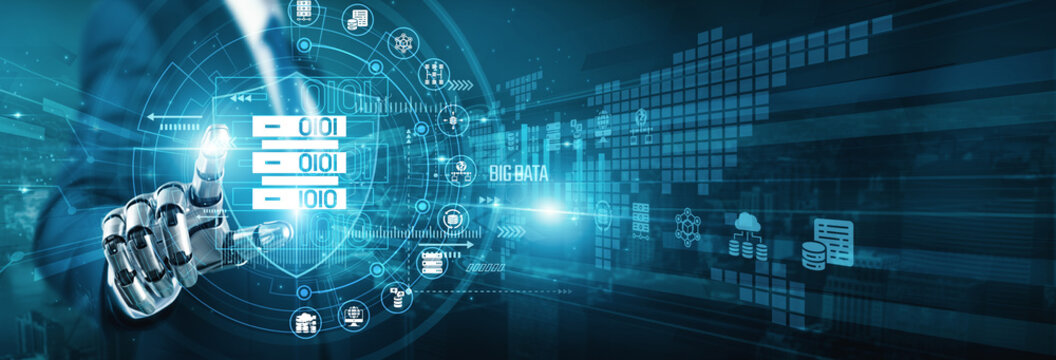 Info robot hand touch scale shield BIG DATA analytics. High volume processing extracts valuable patterns from massive datasets to drive strategic business growth and market optimization.