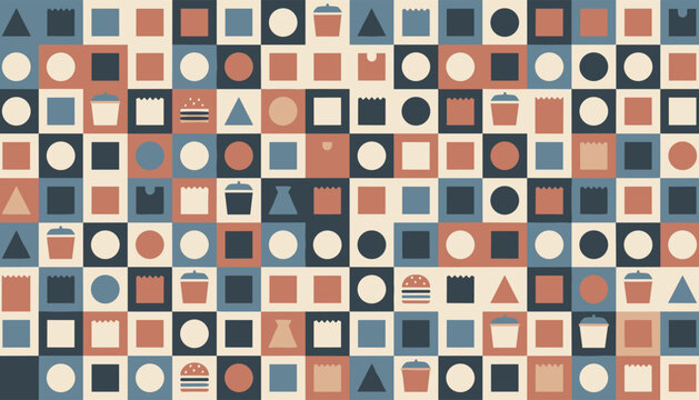 Colorful abstract pattern made of small squares containing geometric shapes and food icons like burgers and cakes.