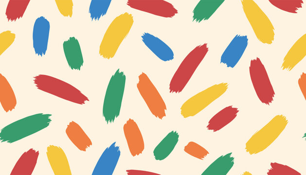 Seamless background pattern of colorful paint brush strokes in red, blue, green, and yellow over a beige area.