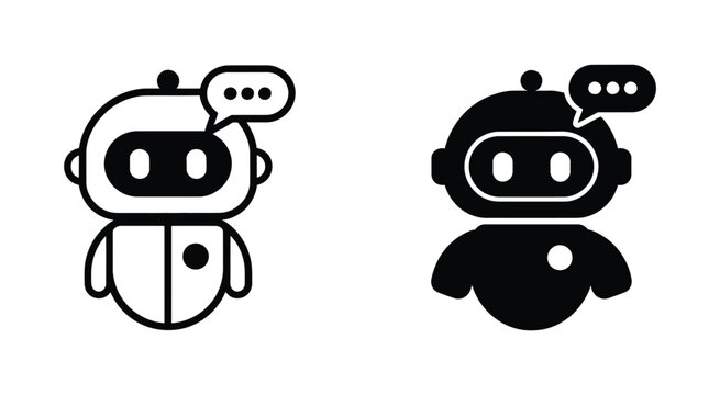 Chatbot icons and AI assistant vector graphics featuring digital bot communication symbols and smart technology conversation elements