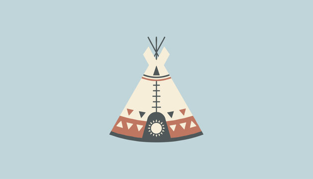 Authentic traditional native american teepee tent with geometric patterns and sun symbols on a soft blue background.