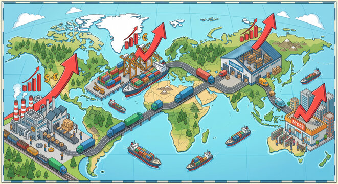 World map supply chain illustration with cargo ships, trucks, factories and red arrows showing global cost inflation across trade routes.