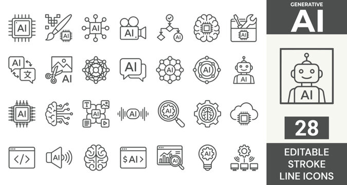 Generative AI line icon set featuring artificial intelligence, machine learning, chatbot, neural network, creativity, robot, and automation. Professional editable vector illustration
