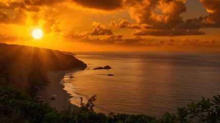 Obraz premium Beautiful golden sunset over the ocean coast with dark clouds and calm sea water in a tropical paradise