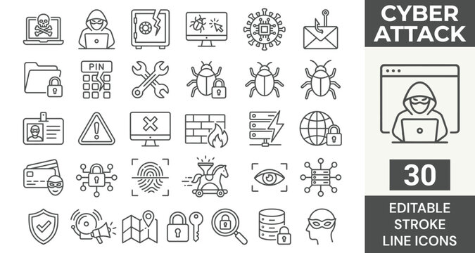 Cyber attack line icon set featuring hacker, data breach, malware, phishing, security threat, virus, ransomware. Professional editable vector illustration for security dashboard and UI UX design.
