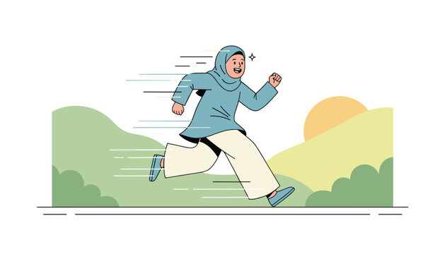 Athletic muslim woman in blue hijab and sportswear running fast through scenic green hills during sunrise or sunset exercise.