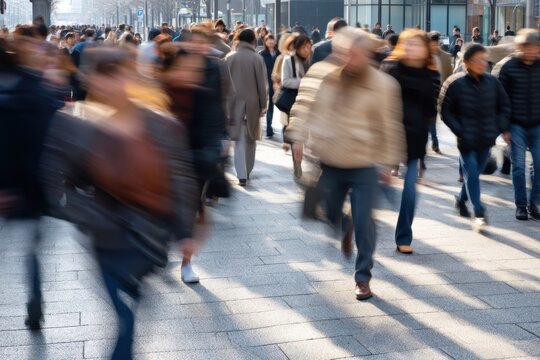 The crowd of busy pedestrians moving through a city street during daytime commute