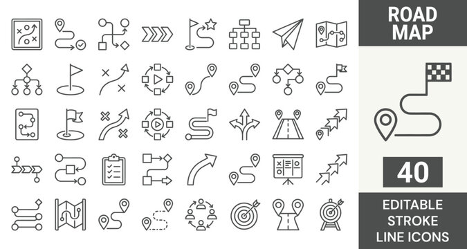 Business road map line icon set featuring strategy, path, milestone, growth, plan, success, and mission. Professional editable vector illustration.