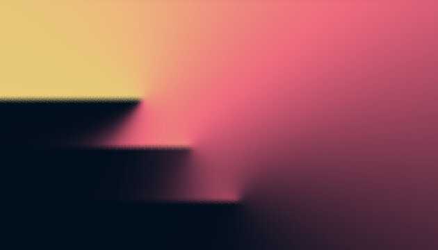 Abstract glowing blurred stairs shape with retro noise texture and pink gradient on dark blue background with copy space