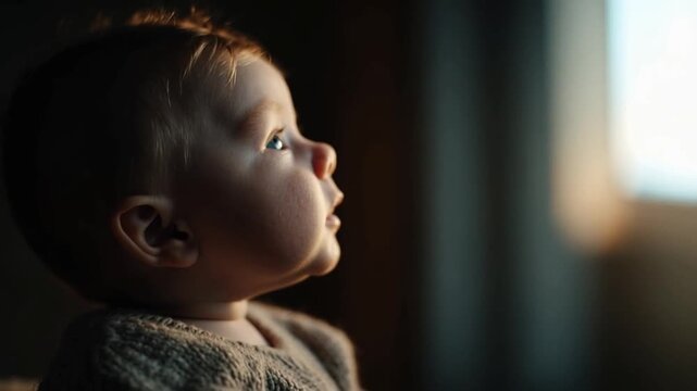 Curiosity Unveiled: A baby's profile, bathed in soft, warm light, gazes with wonder into the distance, capturing the innocence and burgeoning curiosity of early life.