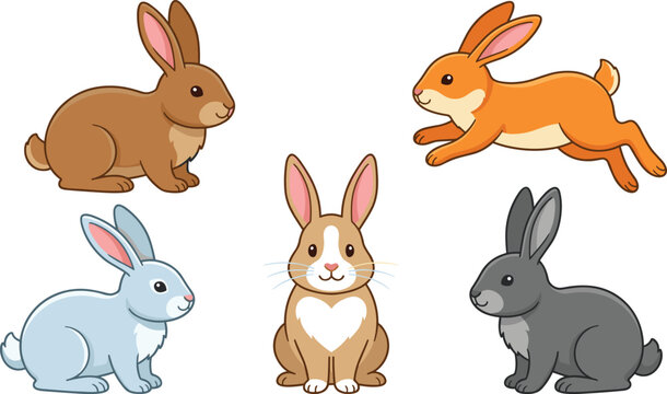 Cute bunny rabbit vector illustration set featuring cartoon characters in sitting crouching and running poses isolated on plain white background