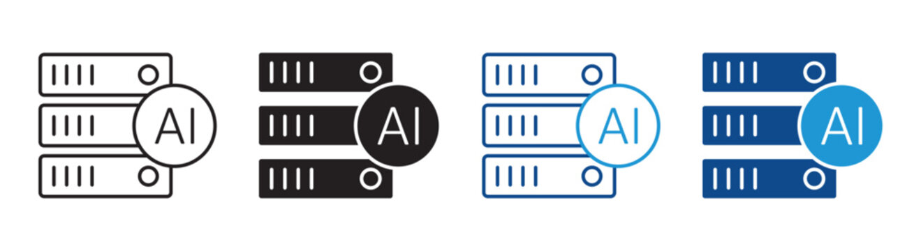 AI Data Center Icon Vector Collection in Outline and Solid Style for Artificial Intelligence Infrastructure Design
