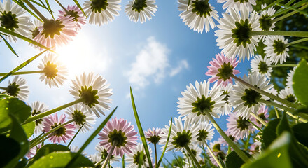 Obraz premium Vibrant flowers blooming under sunny blue sky with white clouds outdoors