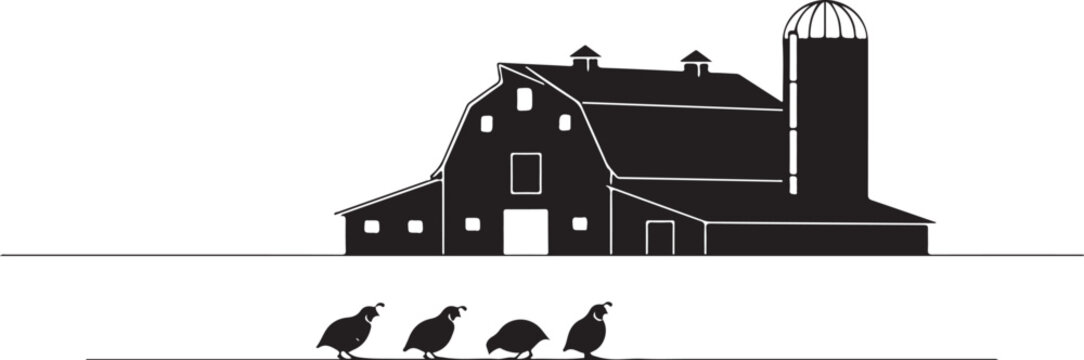 Black silhouette farm with barn and silo and four guinea fowl