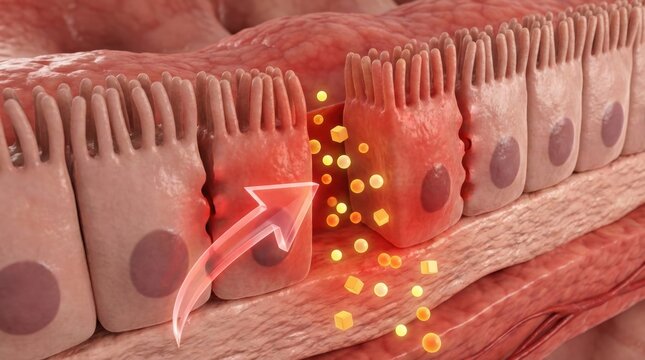 Microscopic view of intestinal villi absorbing nutrients with an arrow indicating transport