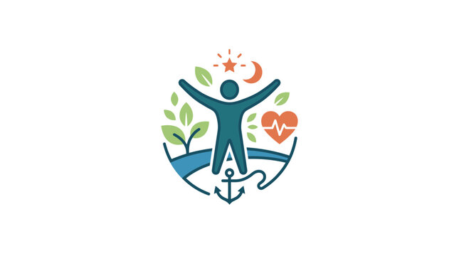 Healthy Lifestyle Icon: Human Figure with Nature, Heartbeat, Moon, Star, Anchor
