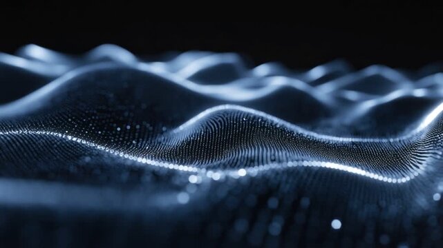 Abstract Digital Wave: A mesmerizing digital wave comprised of shimmering particles flows with an ethereal glow, creating a sense of depth and movement on a dark background.