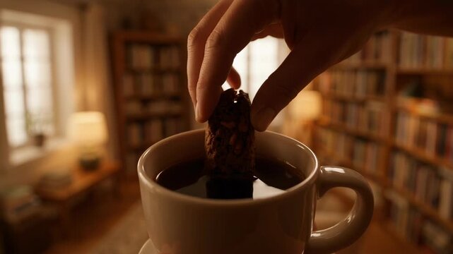 Hand dipping a carob biscotti into a warm beverage. Cozy home library setting with soft lighting.