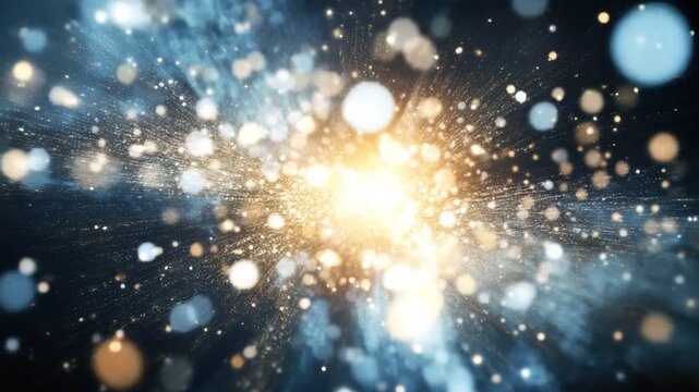 Cosmic Burst of Light and Particles: An abstract explosion of golden and blue light particles emanates outwards, creating a sense of immense energy and wonder.