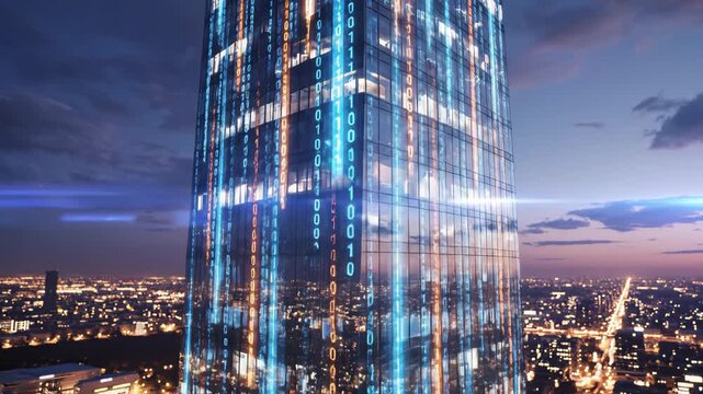 Futuristic skyscraper with digital code
