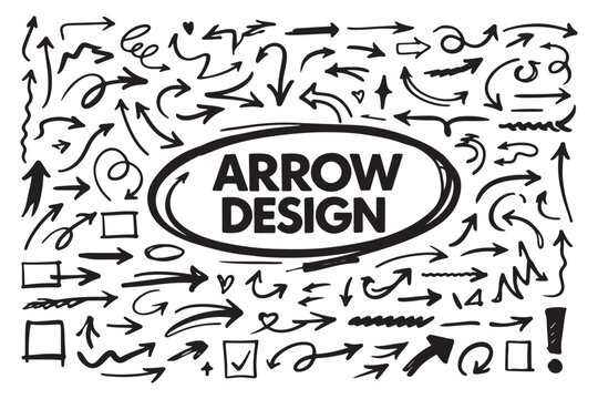Squiggly arrows doodle set. Curve and Spiral comic symbols in sketch style. Hand drawn vector illustration isolated on white background