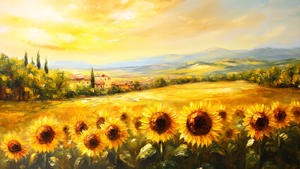 Fototapeta premium Tuscan Sunflower Serenity, Sunflower Field Landscape Painting, Sunflower Field Landscape Painting, Sunflower Field Landscape Painting, Golden Countryside Art at Sunset