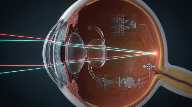 Detailed 3D illustration of the human eye showing light refraction and intraocular lens implantation