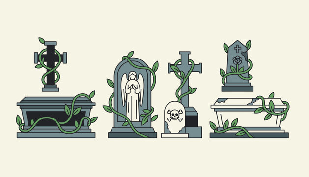 Collection of graveyard objects including stone crosses, an angel statue, coffins, and a skull headstone overgrown with vines.