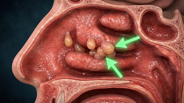3D illustration of nasal polyps causing blockage within the nasal cavity