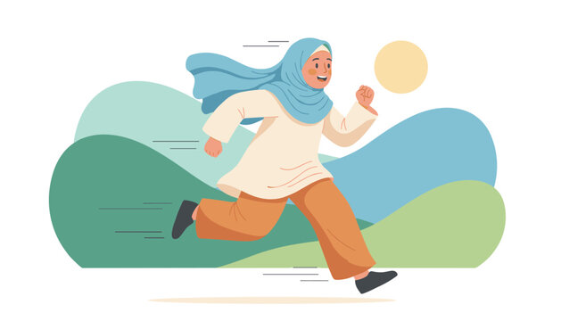Active Muslim woman wearing a hijab and modest clothing running through a hilly landscape with a bright sun.