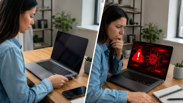 Unknown USB drive and infected laptop in home office