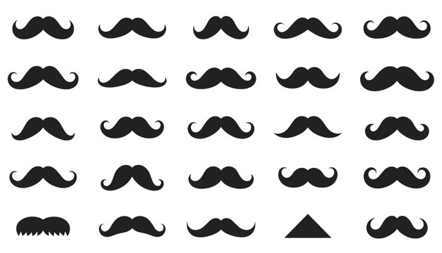 Extensive collection of various black mustache styles and shapes displayed in a grid on a white background.