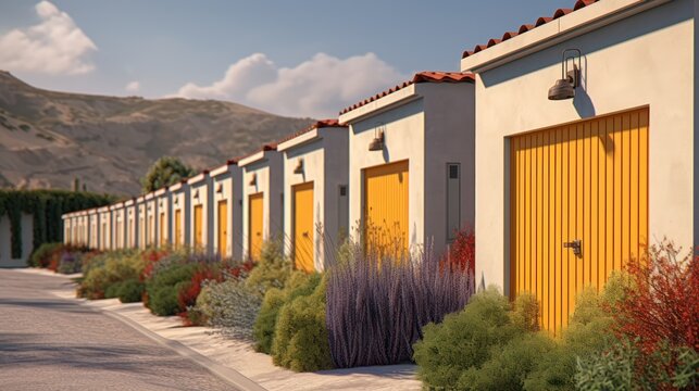 Row of Modern Storage Units with Garden