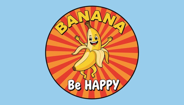 Cheerful dancing banana character with a happy face and open arms on a vibrant sunburst background with text.
