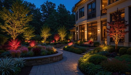 Obraz premium Beautifully lit garden pathway at dusk with colorful lights and lush greenery surrounding a large house with a stone walkway and vibrant plants
