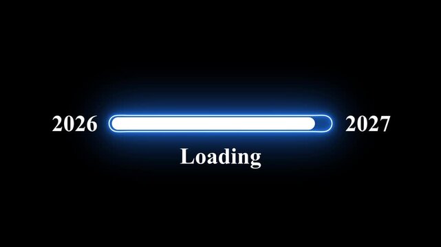 New Year 2027 loading bar animation showing the transition from 2026 to 2027, with a smooth progress bar moving toward the New Year milestone on a black background.