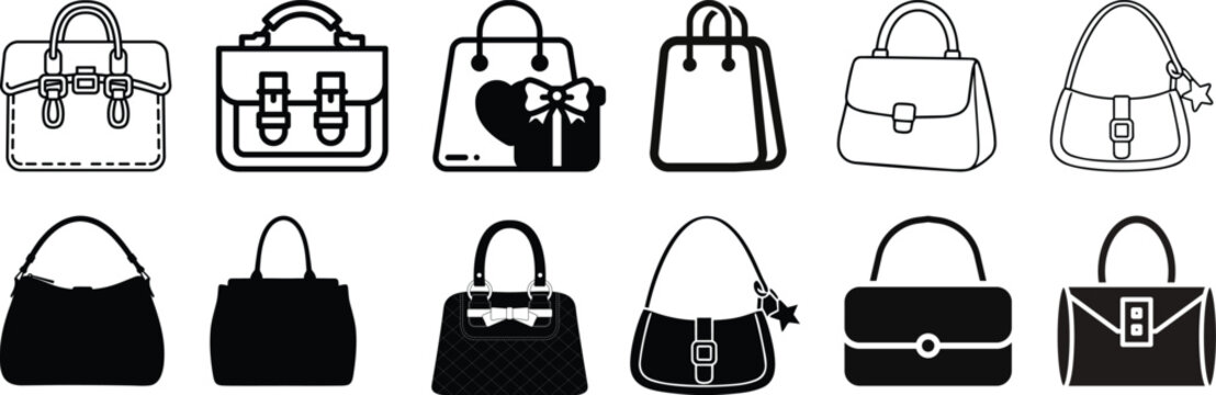 Handbags vector set with various black silhouettes and designs featuring bags, purses, luggage with travel and fashion elements for accessories,Black and white handbag silhouettes handbags purses.