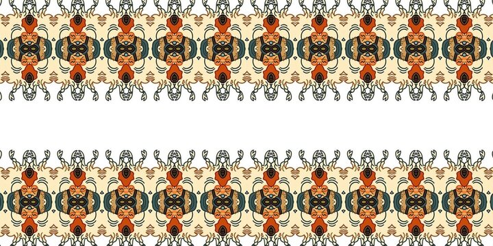 Decorative horizontal border-style seamless pattern featuring vintage-inspired ornamental motifs in warm orange, cream, teal, and charcoal tones.
