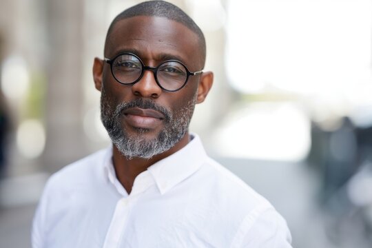 The man wearing glasses and white shirt poses confidently outdoors with soft bokeh background