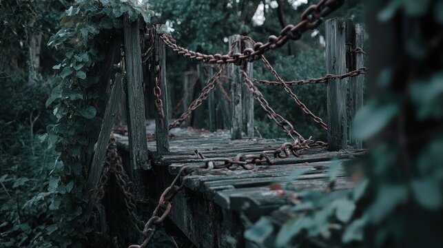 Old wooden bridge with rusty chains