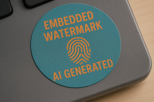 Macro view of an embedded watermark artificial intelligence verification sticker with fingerprint symbol on content creation equipment reflecting confident secure provenance tracking concept