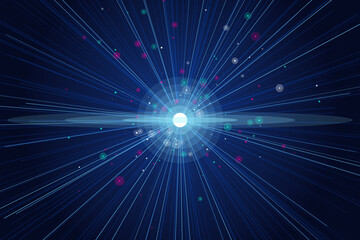 Fototapeta premium Luminous blue starburst with scattered colorful orbs on dark background, abstract bright