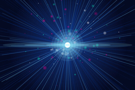 Luminous blue starburst with scattered colorful orbs on dark background, abstract bright