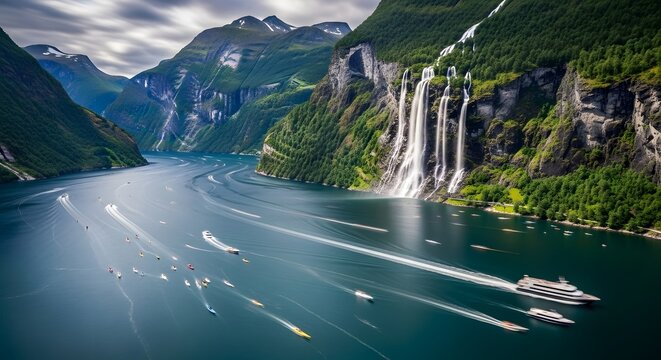 Scenic high angle view deep green mountain fjord river waterfall